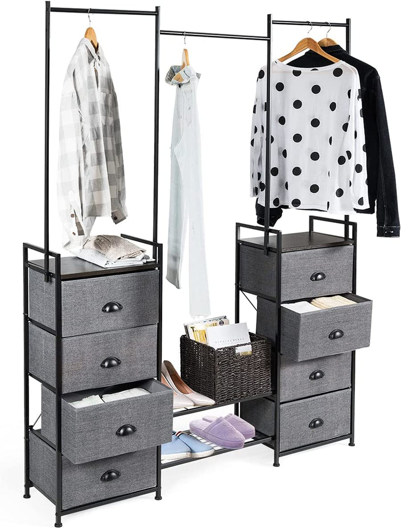 Stoffen ladekast dressoir met kleding stang schoenenrek, multifunctionele dressoir opbergtoren met 8 stoffen laden, metalen frame, opslag organisator voor kast hal slaapkamer woonkamer