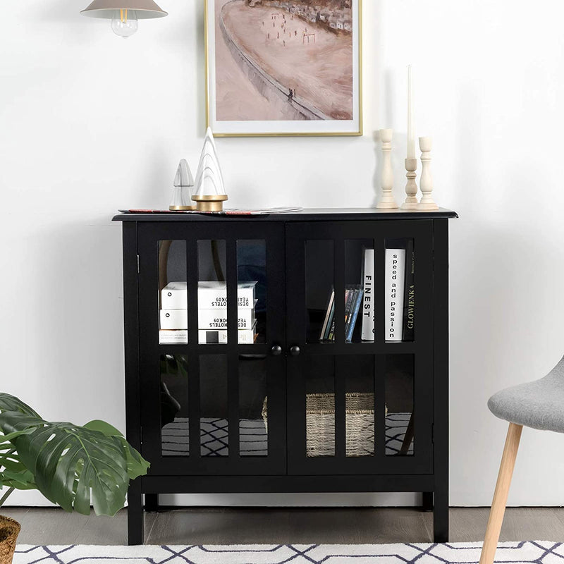 Dressoir, opbergkast met glazen deur, consoletafel keukenkast zijkast, commode  80,5 x 35 x 78 cm (Zwart)