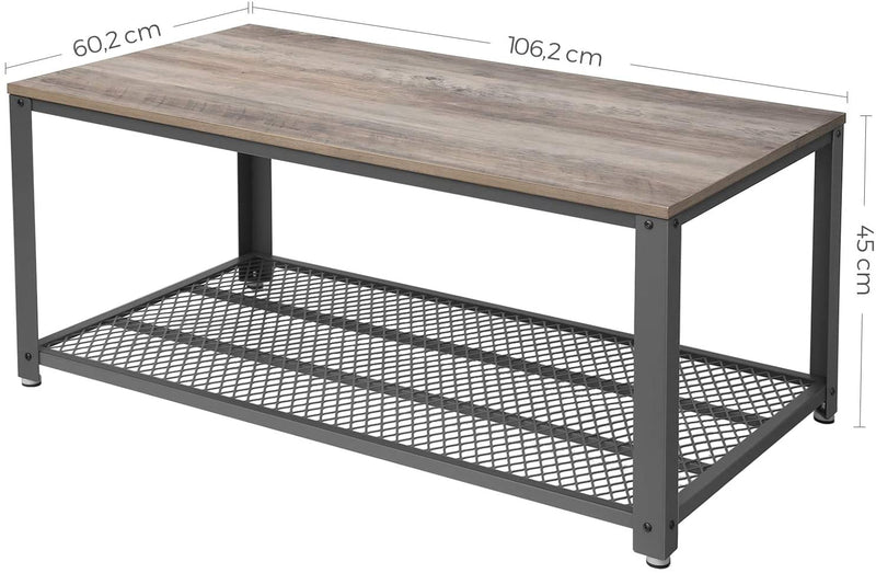 Salontafel, Salontafel Met Grote Legplank, Bijzettafel, Stabiel, Met Metalen Frame, , Houtlook, Grijs-Grijs