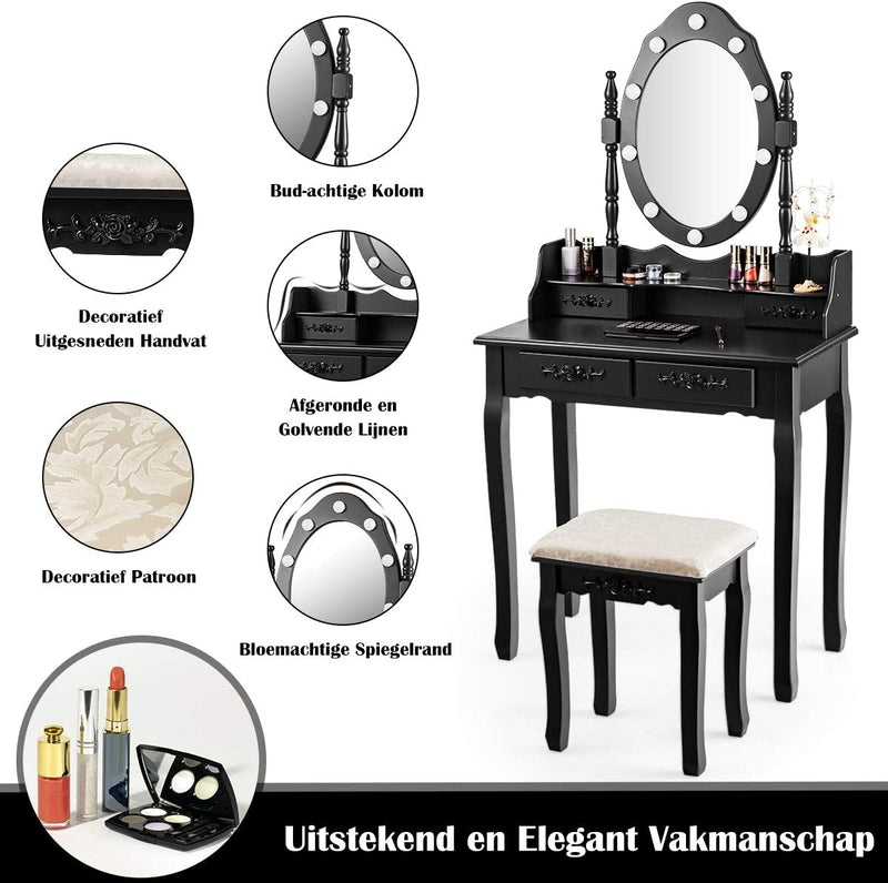 Kaptafel met ovale spiegel en 10 dimbare LED-lampen, klassieke make up tafel met 4 opberg lades in verschillende maten, stabiel schoonheidsstation in grenen houten poot en antislip pootdop (Zwart)