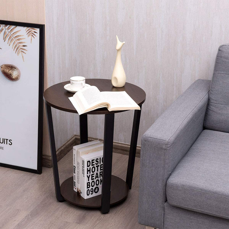 Ronde bijzettafel, 2-laags accent tafel met houten tafelblad ,eenvoudige montage (Donkerbruin)