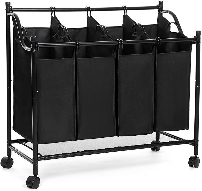 Wasmand met 4 vakken, wassorteerder, wasverzamelaar, met wielen, afneembare zakken, speelgoedopslag, 4 x 35 liter, zwart LSF005