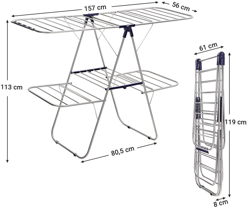 kledingrek van roestvrij staal, wasdroger met in hoogte verstelbare vleugels, vleugel kledingrek met 2 niveaus, voor sokken, bedlinnen, kleding, opvouwbaar, balkon, stal, blauwe LLR53BU