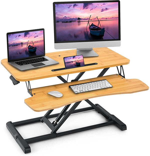 Zit-sta werkstation, zit-sta bureauconverter, in hoogte verstelbare staande bureau verhoger met grote tafelblad 80 x 40cm,ergonomisch bureau, (Natuurlijk)