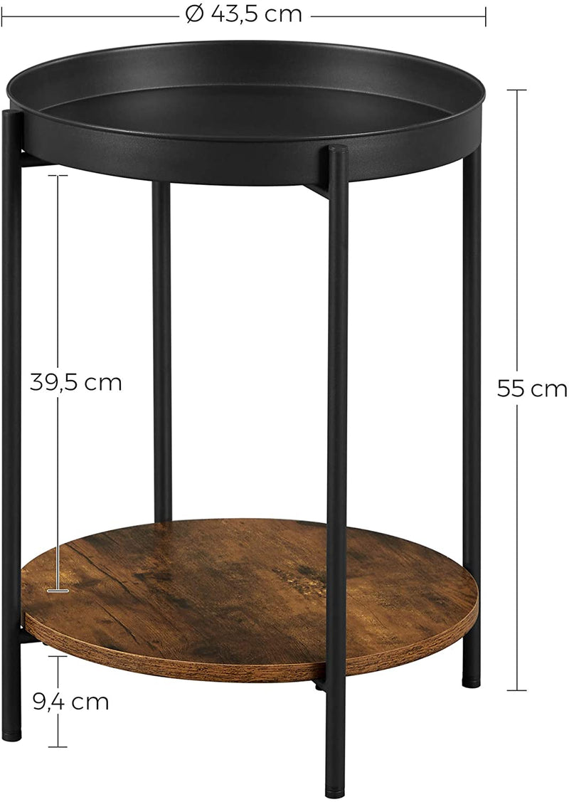 Bijzettafel, 2 niveaus, salontafel, ronde, uitneembare kom, metalen frame, voor woonkamer en slaapkamer, vintage bruin-zwart LET221B01