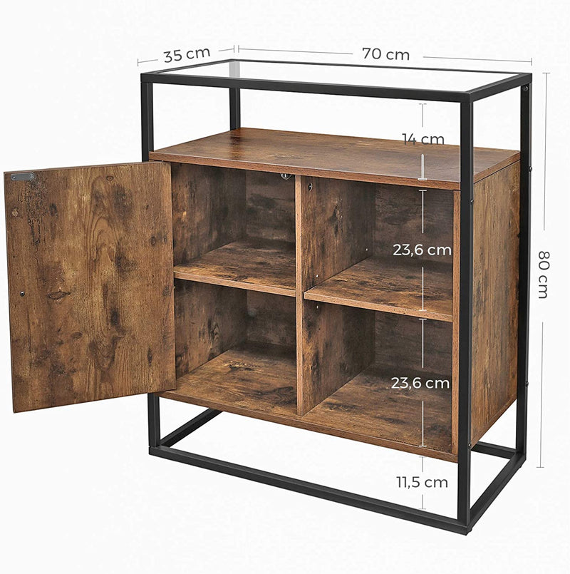 Commode, keukenkast, kast, consoletafel met glazen oppervlak, woonkamer, hal, stabiel gehard glas, eenvoudige montage, industrieel design, vintage, donkerbruin LSC12BX