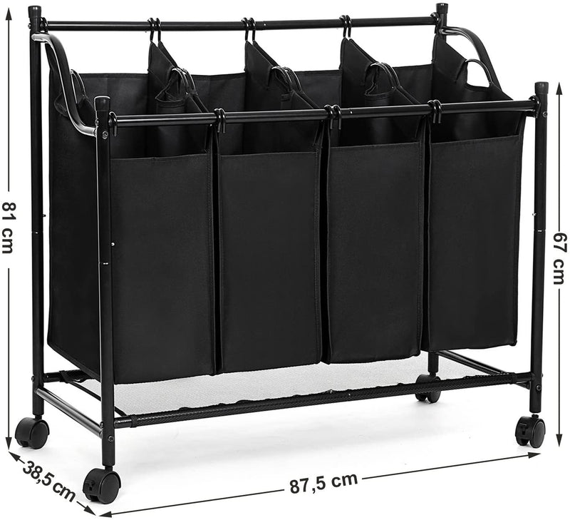 Wasmand met 4 vakken, wassorteerder, wasverzamelaar, met wielen, afneembare zakken, speelgoedopslag, 4 x 35 liter, zwart LSF005