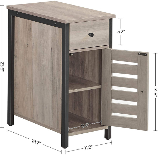 Bijzettafel, met lade, 30 cm nachtkastje voor kleine kamers, lamellendeur, metalen frame, industrieel ontwerp, grijs-zwart LET066B02