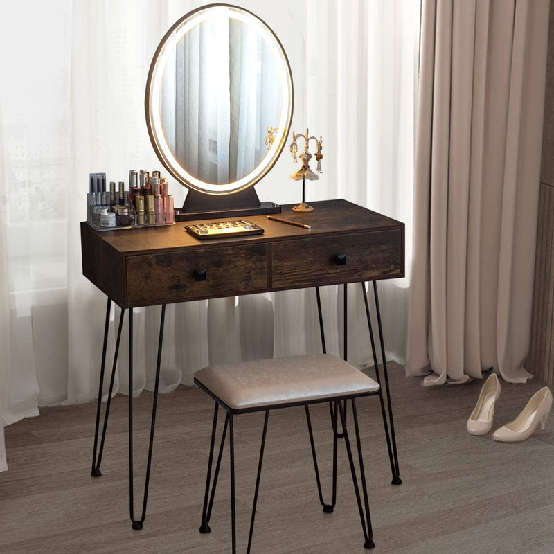 Kaptafel met verlichte spiegel, aanrakingsscherm spiegel met 3 kleuren, make-up tafel met gedempte kruk en cosmetische opslag organisator, geschikt voor woonkamer en slaapkamer (Rustiek Bruin)