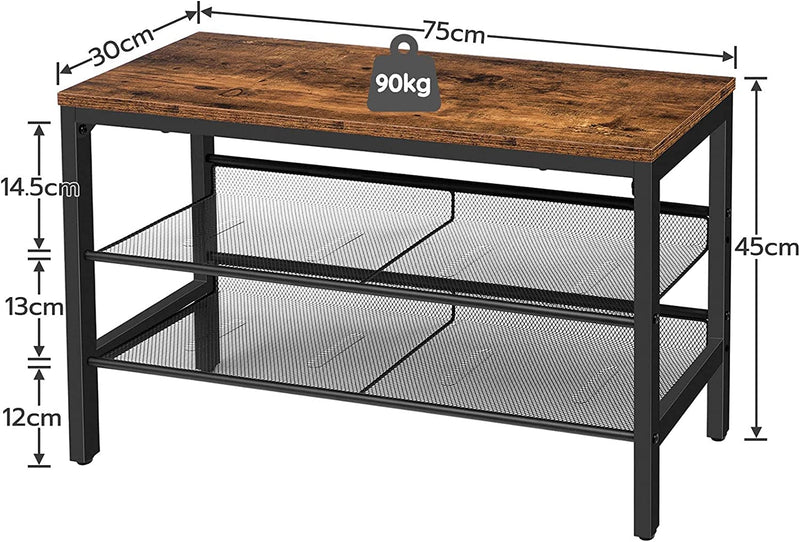 Schoenenbank, schoenenrek met 2 planken, 75 x 30 x 45 cm, donkerbruin EBF01HX01