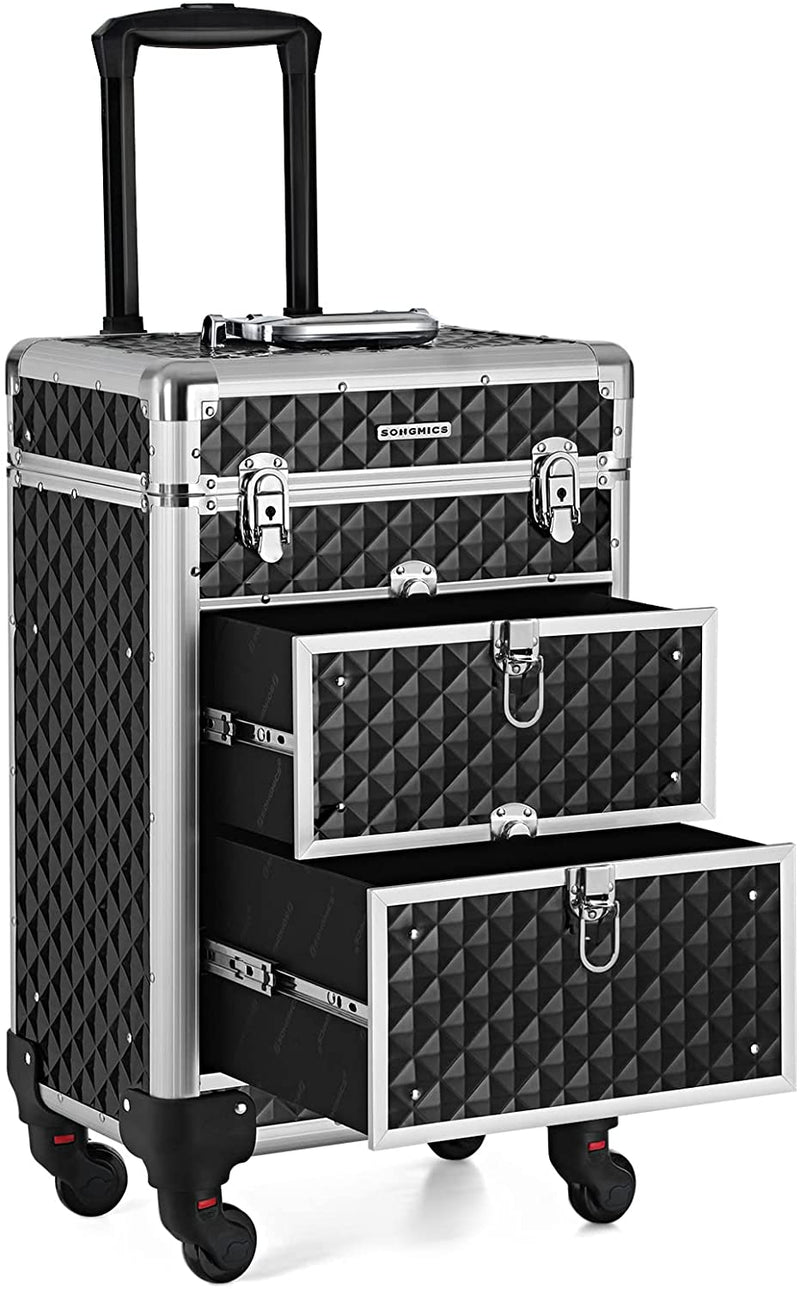 Cosmetic Case Trolley, professionele make-up case, kapperskoffer met 4 uitneembare universele wielen, make-up case, zwart JHZ08BK