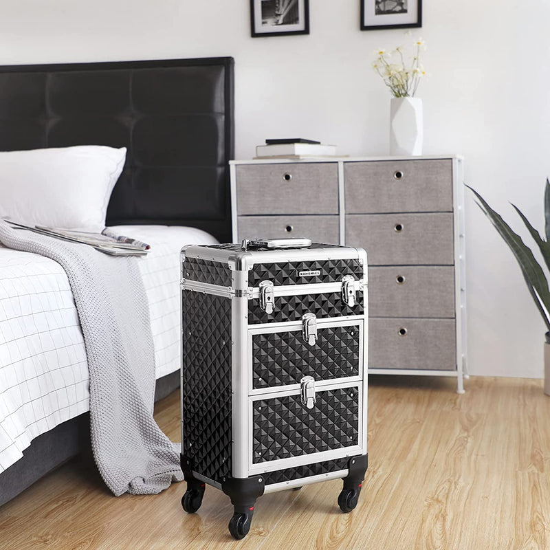 Cosmetic Case Trolley, professionele make-up case, kapperskoffer met 4 uitneembare universele wielen, make-up case, zwart JHZ08BK