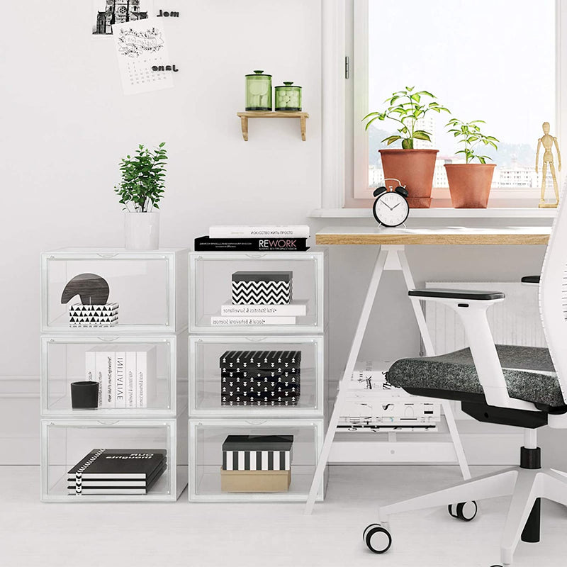 schoendozen, set van 6, stapelbare schoen organizers, plastic dozen met transparante deur, schoenopslag, voor schoenen tot maat 46, 36 x 28 x 22 cm, transparant LSP06CW