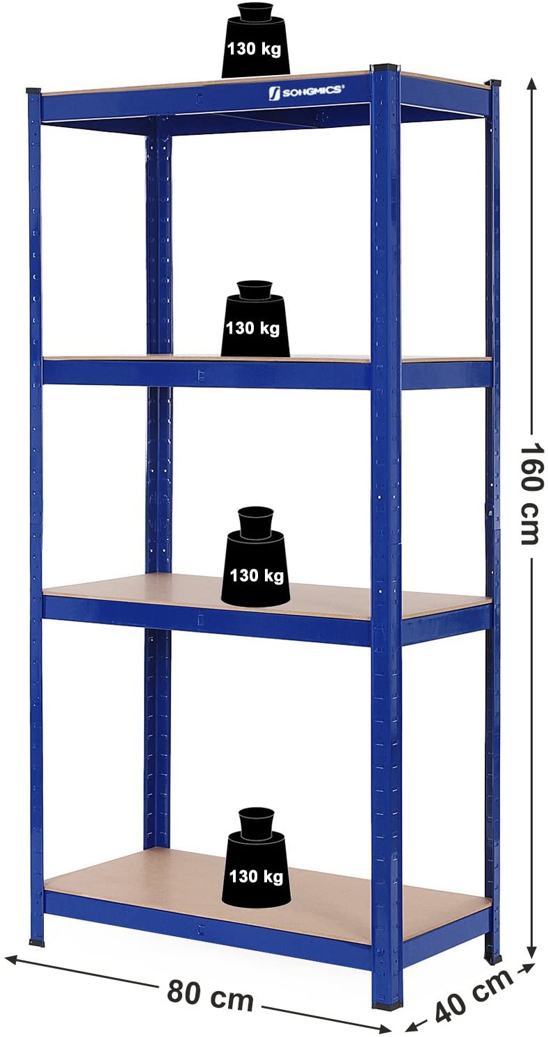 Magazijnrek, set van 2, rek voor zware lasten, kelderrek, 160 x 80 x 40 cm, tot 520 kg belastbaar, 4 verstelbare planken, plank van metaal, steekrek, werkplaatsrek, kelder, garage, blauw GLR88Q