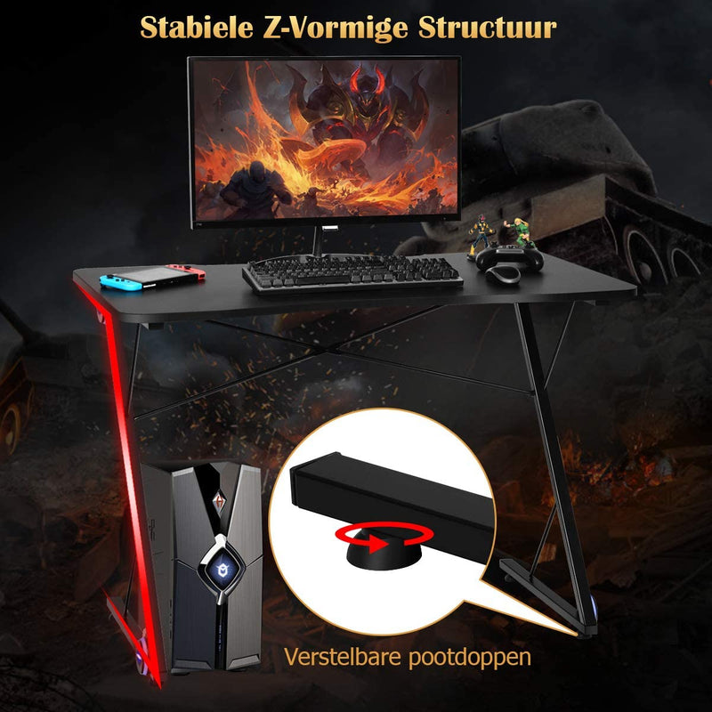 Game bureau, gaming tafel, Z-vormig professioneel gamer werkstation met LED-verlichting & groot koolstofvezel oppervlak, ergonomische PC-gametafel, computerbureau voor thuiskantoor, 110 x 60 x 78cm