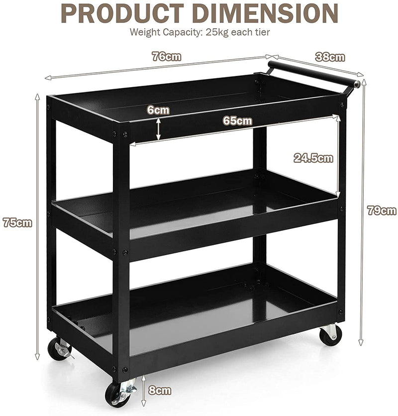 Keukentrolley met 3 lagen, stevige serveerwagen met veel opbergruimte en handvat, multifunctionele wagen met wielen, keukenwagen voor kantoor, garage, magazijn, werkplaats, 76 x 38 x 79 cm (Zwart)