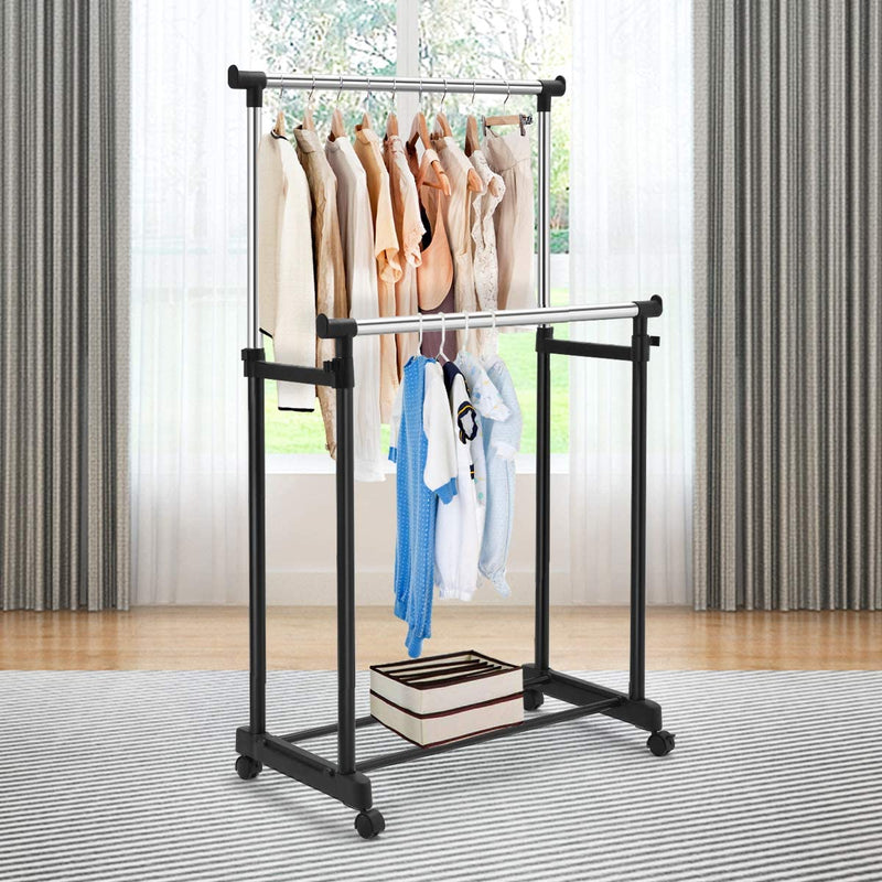 Rolbare Kledingrek, dubbele stangen Inhoogte verstelbaar kledingrek, draagbare kledingrek met wielen, 86 x 43 x 168cm