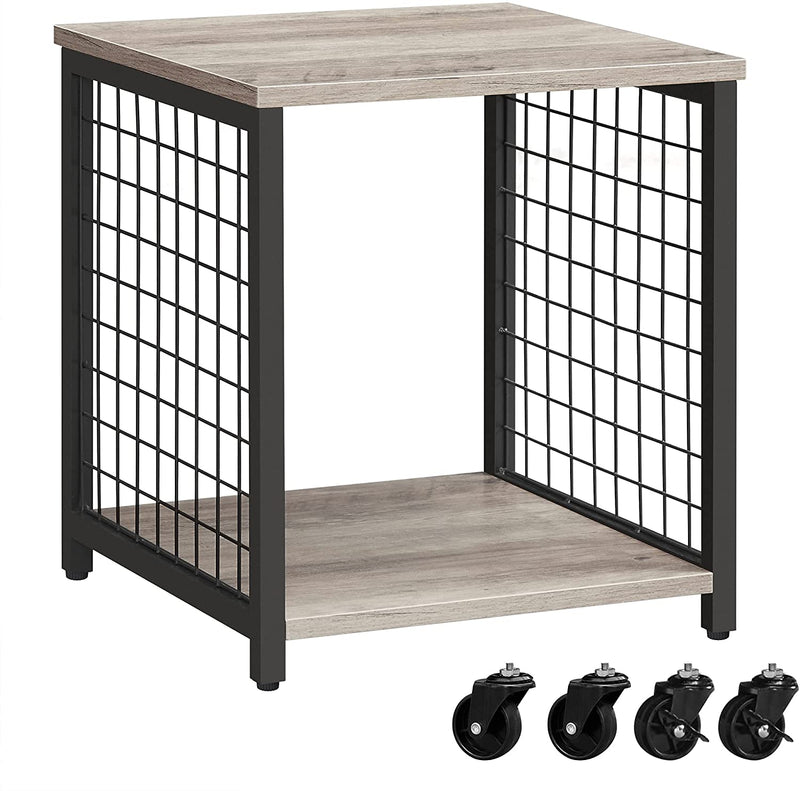 Bijzettafel, nachtkastje, met wielen, stalen frame, legplanken, 40 x 40 x 50 cm, voor woonkamer, slaapkamer, industrieel ontwerp, grijs-zwart LET274B02