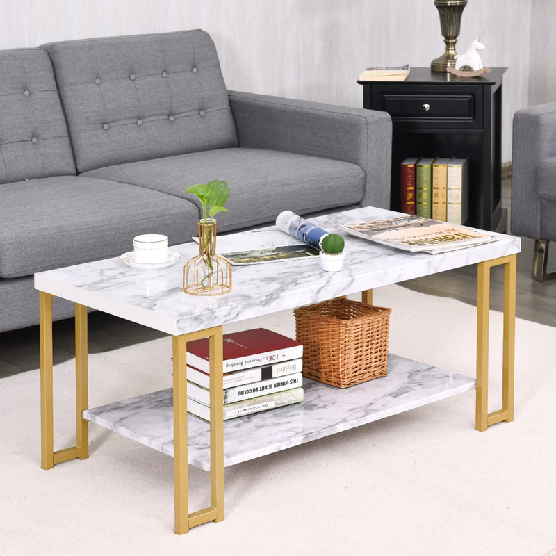 Moderne rechthoekige salontafel, kunst marmeren accent tafel cocktailtafel met metalen poten,  salontafel marmerlook, 100 x 49,5 x 45 cm