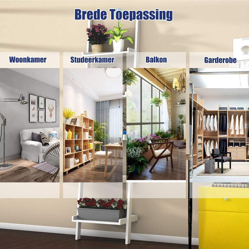 Ladder plank, 5 laags muur-Leunende boekenplank Ladder boekenkast, (Wit)