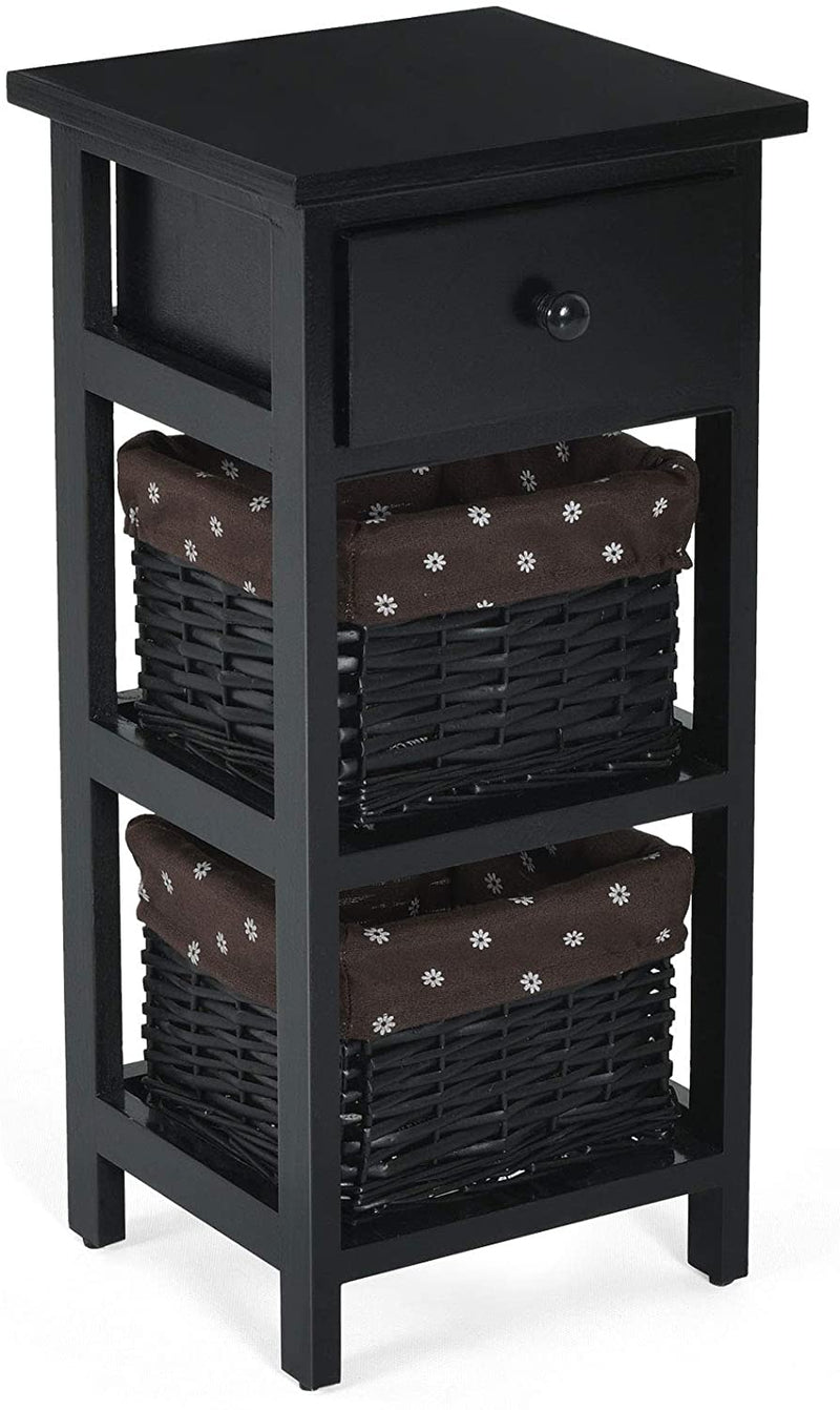 3-laags houten nachtkastje, modern nachtkastje met 1 lade en 2 opbergmanden,  (Zwart)