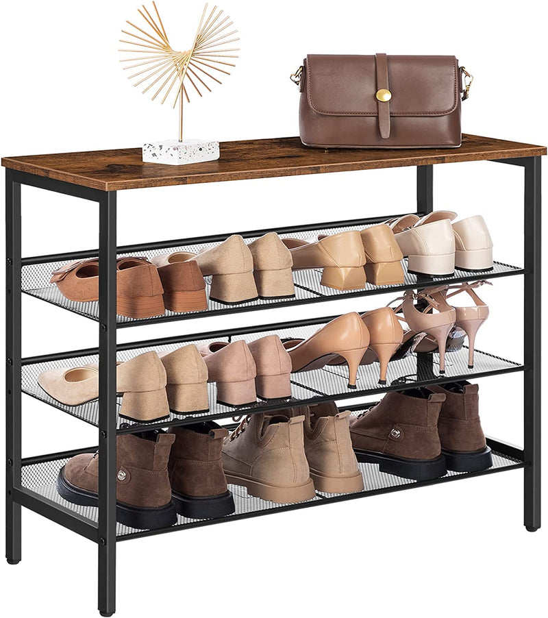 Schoenenrek, schoenenkast met 4 niveaus, schoenenbank met 3 roosterplanken, vintage bruin-zwart EUBF14XJ01