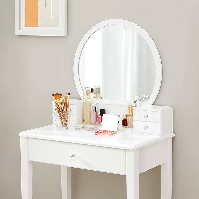 kaptafel set, make up tafel met spiegel, gewatteerde kruk, 5 laden, 70 x 40 x 134 cm, wit RDT152W01