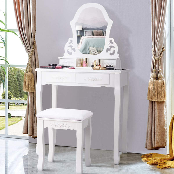 Kaptafel set met spiegel voor make-up Moderne kussens Bank Kruk Slaapkamer Hout Stijl Meubels Top Afneembare multifunctionele schrijftafel Kaptafels voor meisjes (wit, 4 laden)