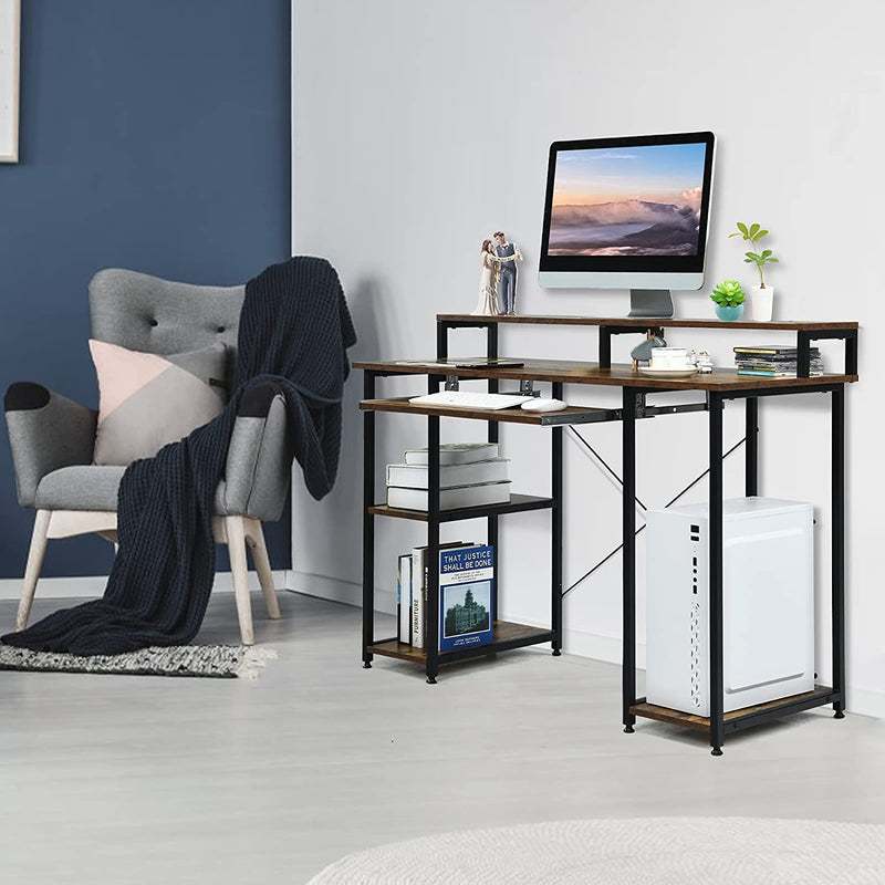 Computer bureau met opbergplanken, monitor standaard, toetsenbord lade, 118 cm computer tafel voor thuiskantoor, stevige computertafel, moderne eenvoudige stijl, werkstation voor kleine ruimtes