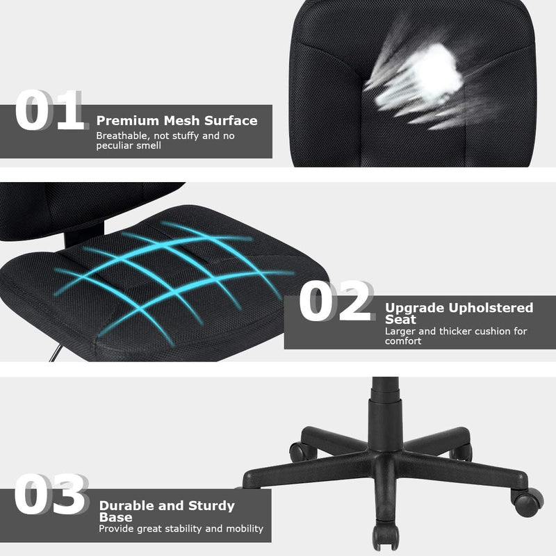 Bureaustoel met lage rugleuning, armloze computerstoel, hoogteverstelling,  (Zwart)