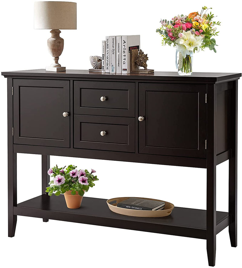 Console tafel, houten gang tafel met 2 laden en 2 opbergkasten, consoletafel met onderste plank,  116,5 x 38 x 86,5 cm (Koffie)