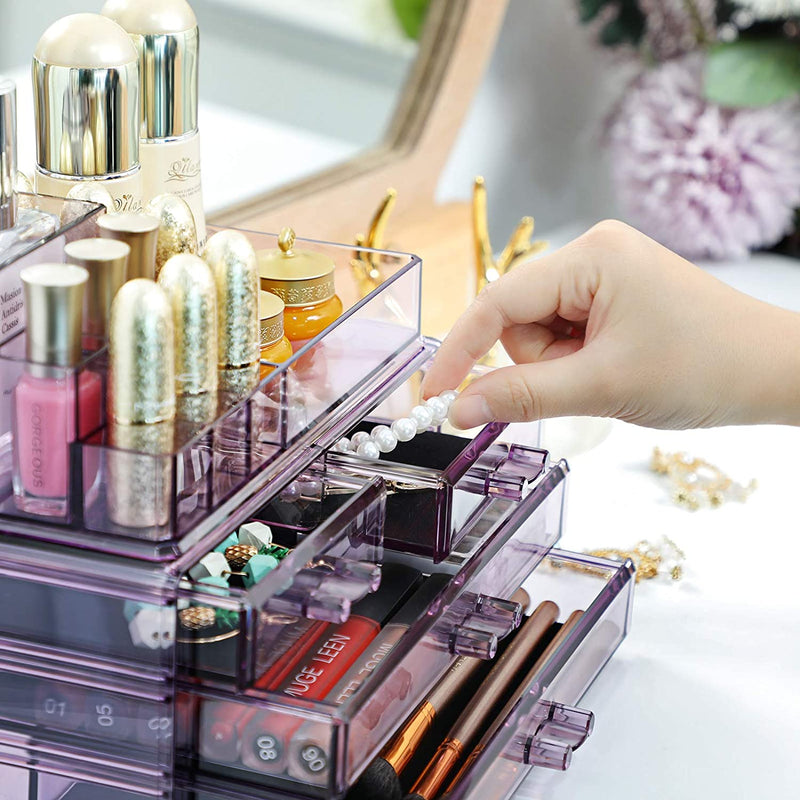 Make-up Organizer, cosmetica organizer met 4 lades en 11 vakken in verschillende maten, anti-slip inzetstukken, voor make-up en sieraden, lavendel JKA001PL
