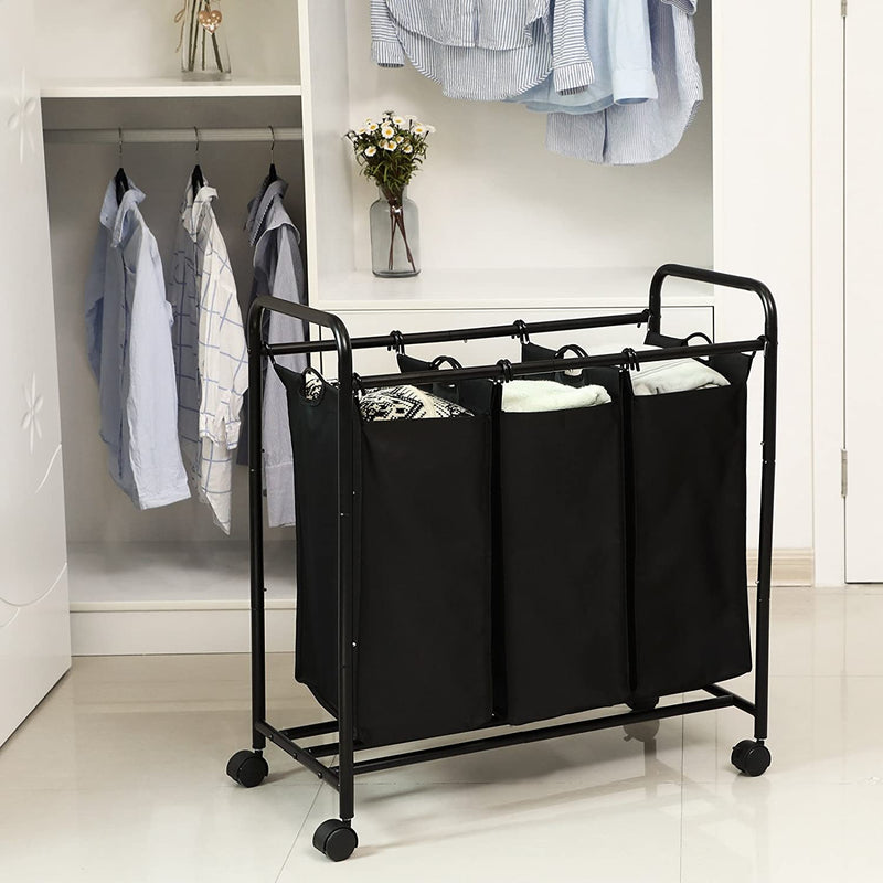 Wasmand, wasverzamelaar met 3 afneembare stoffen zakken, wasbak op wielen, wasserette, stevig, 3 x 44 liter, zwart LSF003B