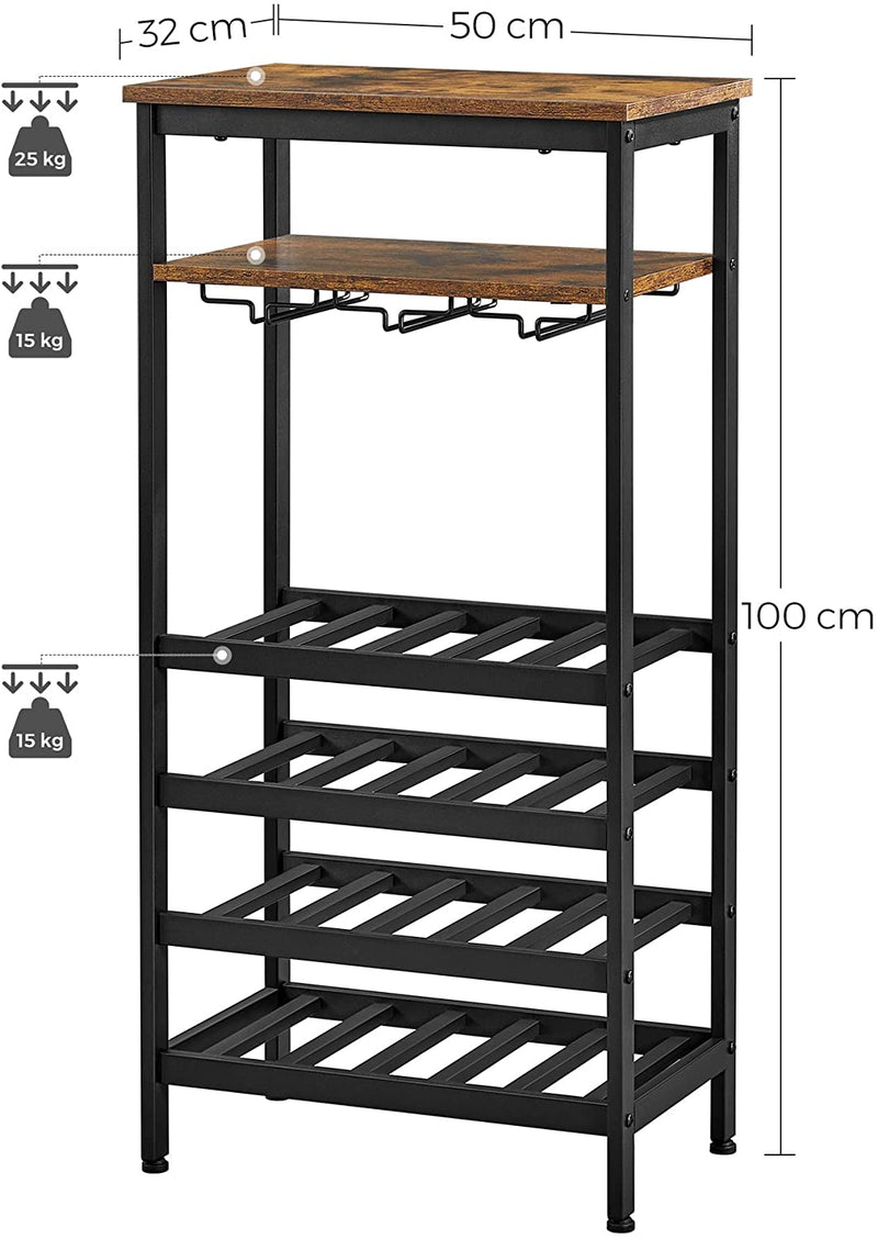 Wijnrek, flessenrek, voor 20 flessen, met glashouder, voor kelder, keuken, eetkamer, industriële stijl, 50 x 32 x 100 cm, vintage bruin-zwart LWR020B01