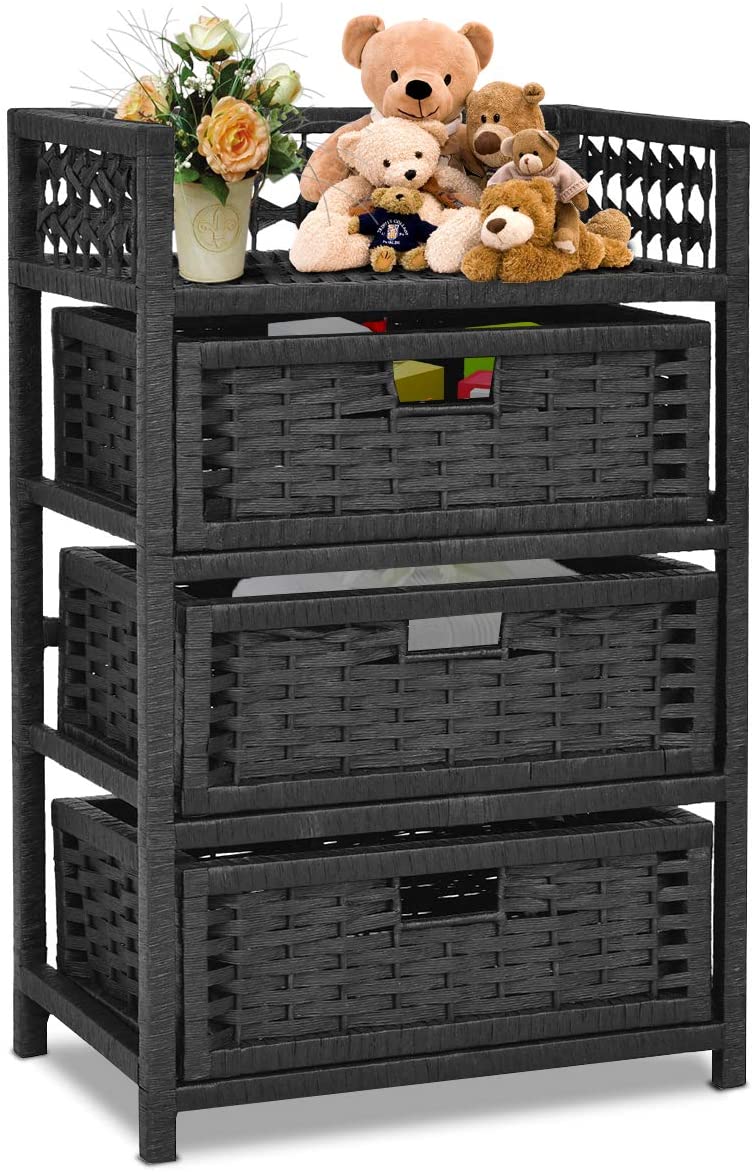 Ladekast opslageenheid plank met 3 papier touw rieten manden, opslag ladekast voor woonkamer, eetkamer, badkamer (Zwart)
