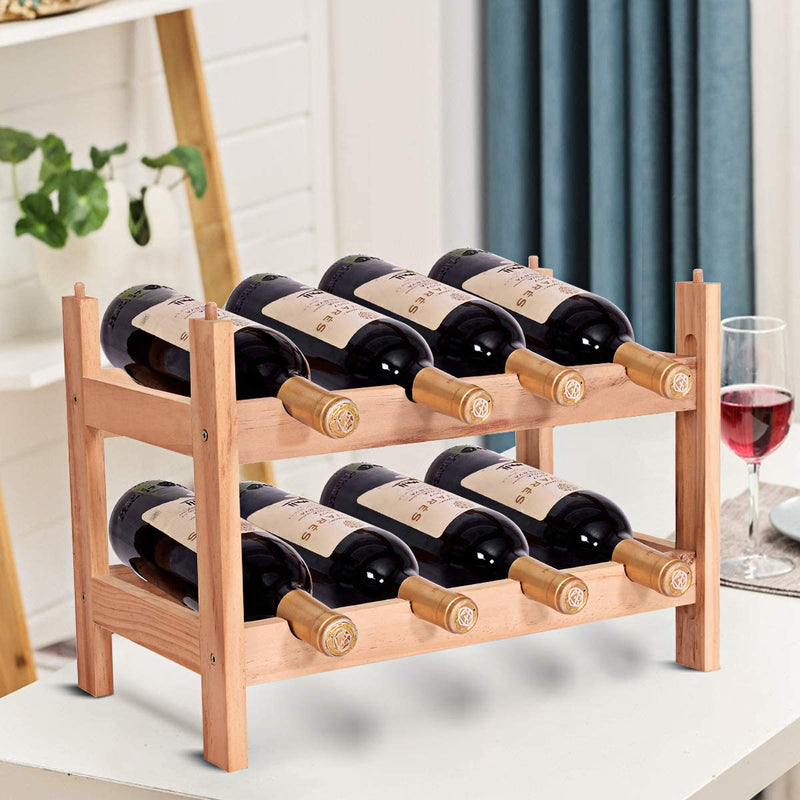 Houten Wijnrek, 2-lagen 8 flessen wijnfles houder, 100% grenen hout, golf ontwerp, glad oppervlak, stapelbare aanrecht wijn organisator voor keuken, cafe, bar, eetkamer (8-flessen)