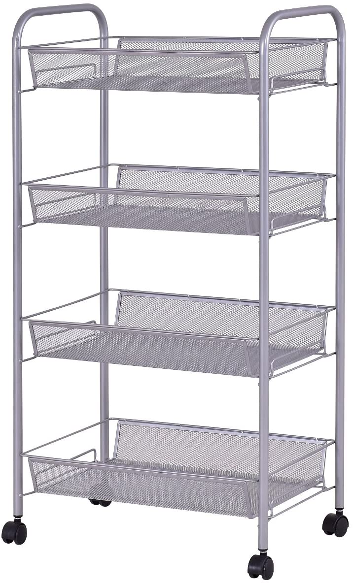 Serveerwagen met 4 lagen, keukentrolley gemaakt van ijzer, opbergtrolley met flexibele wielen en planken, multifunctionele trolley voor badkamer, keuken, eetkamer, kantoor (Grijs)