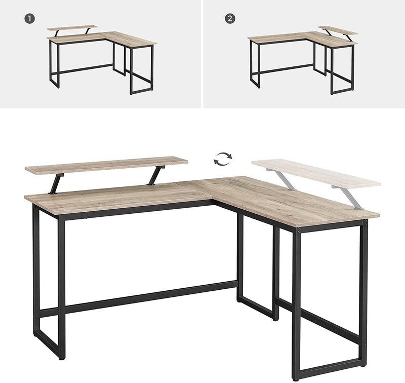 Bureau, L-vormig computerbureau met beweegbare monitorbevestiging, hoekbureau,  greige-zwart LWD056B02