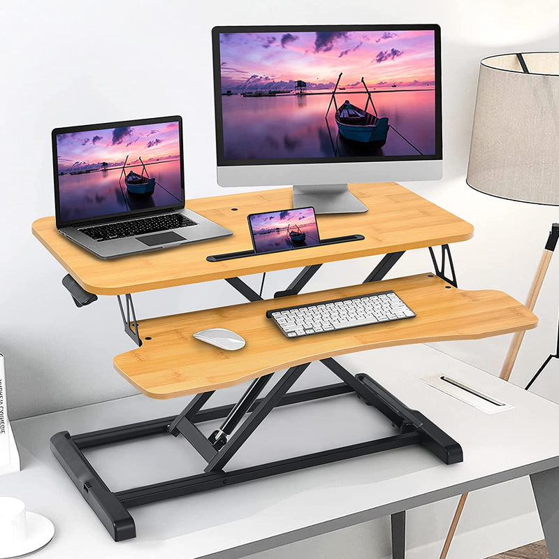 Zit-sta werkstation, zit-sta bureauconverter, in hoogte verstelbare staande bureau verhoger met grote tafelblad 80 x 40cm,ergonomisch bureau, (Natuurlijk)