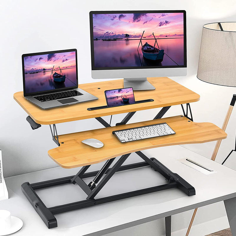 Zit-sta werkstation,, in hoogte verstelbare staande bureau verhoger met grote tafelblad 80 x 40cm, , ergonomisch bureau, (Natuurlijk)