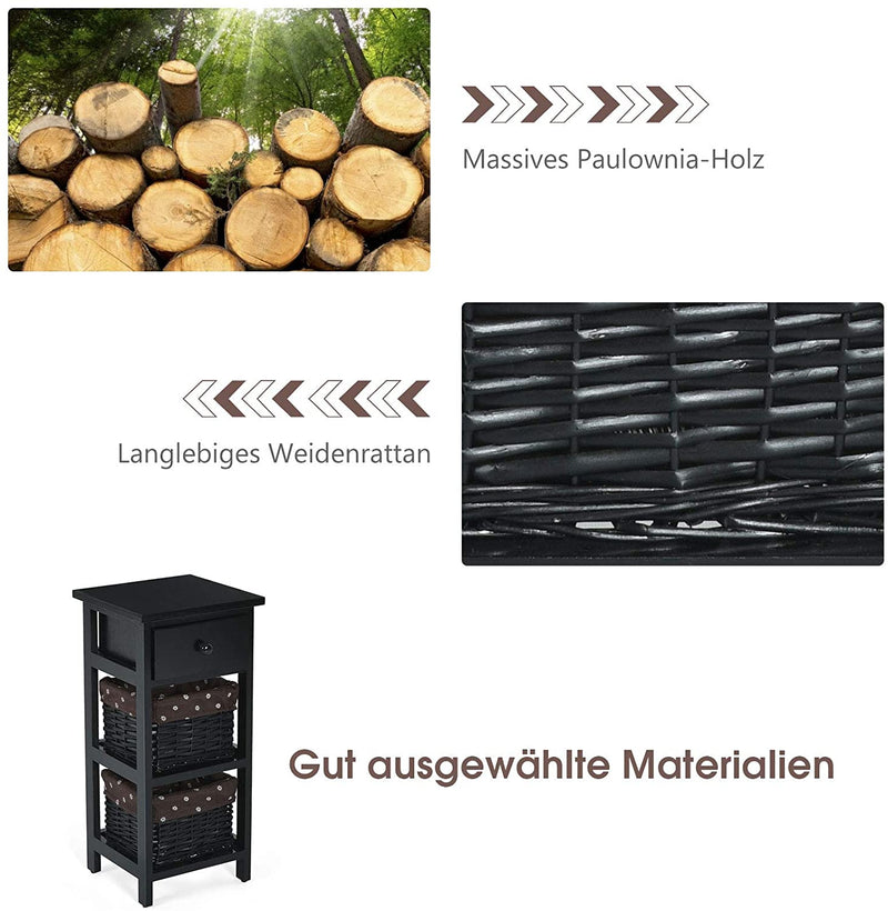 3-laags houten nachtkastje, modern nachtkastje met 1 lade en 2 opbergmanden,  (Zwart)