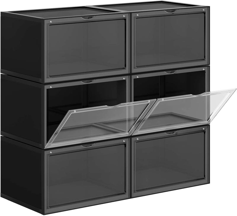 schoendozen, set van 6, stapelbare schoen organizers, plastic dozen met transparante deur, schoenopslag, voor schoenen tot maat 46, 36 x 28 x 22 cm, zwart LSP06CB