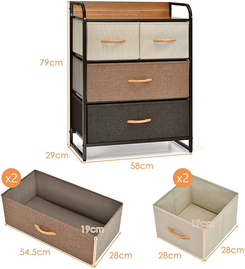 4/5 ladenkast opberg toren, opvouwbare stoffen laden, handige ladekast met stevig stalen frame en houten top voor hal, slaapkamer (58 x 29 x 79 cm / 4 laden)