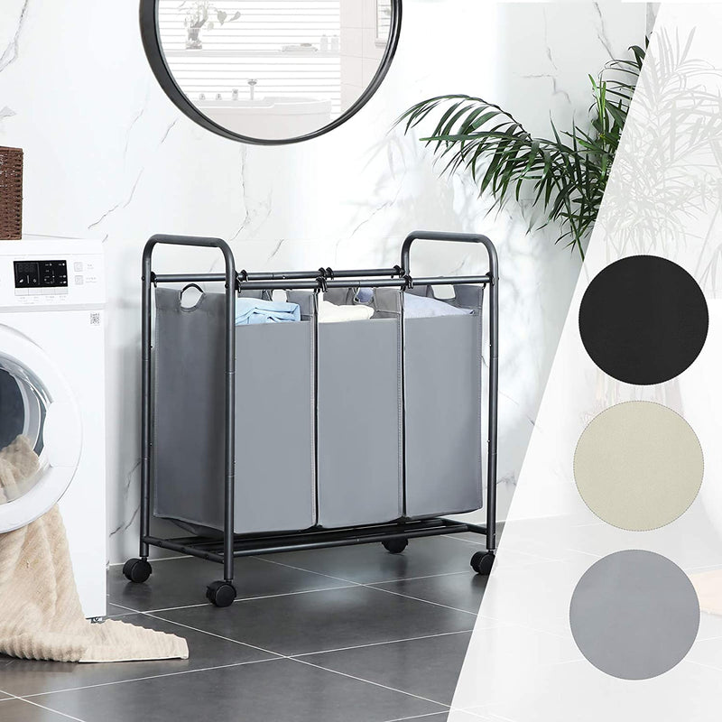 Wasmand op wielen, wassorteermachine met 3 afneembare stoffen zakken, wasverzamelaar, opbergruimte voor speelgoed, stevig, 3 x 44 liter, grijs LSF003GS