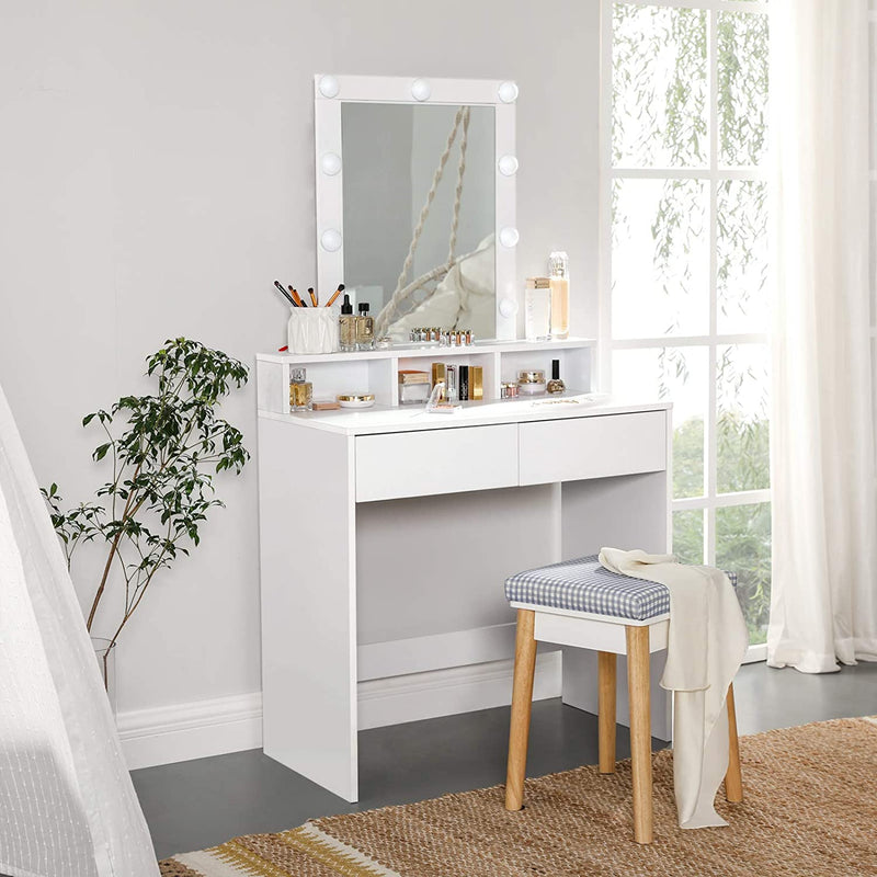 kaptafel make up tafel met spiegel en gloeilampen, cosmetische tafel met 2 lades en 3 open vakken, 80 x 40 x 145 cm wit RDT114W01