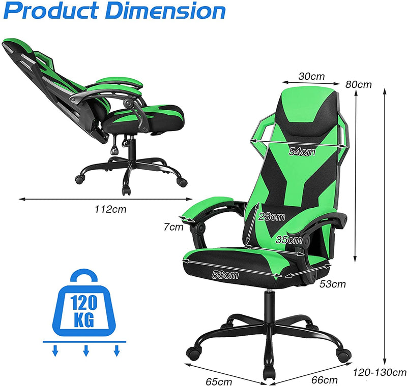 Hoge rugleuning gamingstoel, verstelbare racing style draaibare werkstoel met lendensteun en gevoerde armleuningen, (Groen)