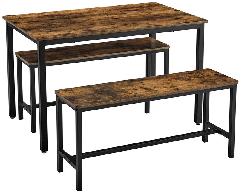 Eettafel, keukentafelset, 110 x 70 x 75 cm, met 2 banken van elk 97 x 30 x 50 cm, metalen frame, voor keuken, woonkamer, eetkamer, industrieel design, vintage bruin-zwart KDT070B01