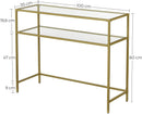 Consoletafel, bijzettafel met 2 planken, gehard glas, opbergplank, metalen frame, verstelbare poten, voor woonkamer, hal, goudkleurig LGT025A01