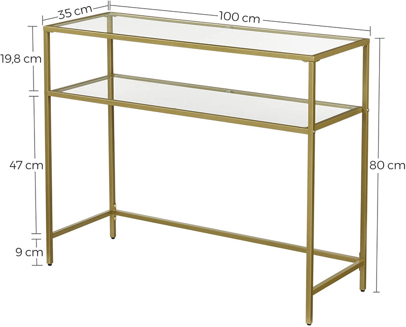 Consoletafel, bijzettafel met 2 planken, gehard glas, opbergplank, metalen frame, verstelbare poten, voor woonkamer, hal, goudkleurig LGT025A01