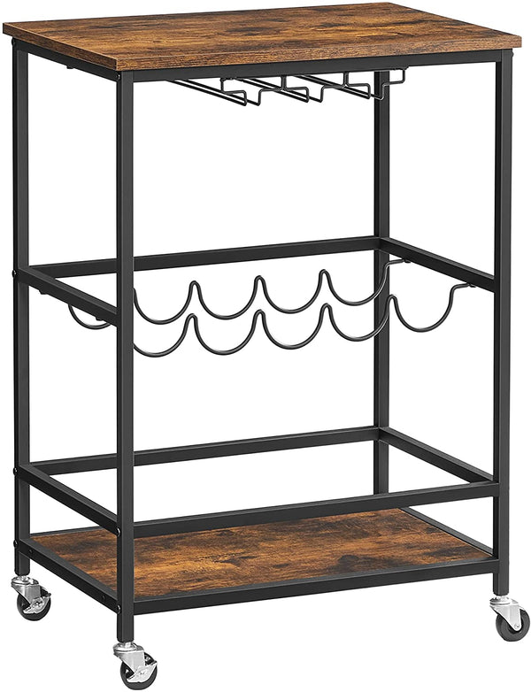 Serveerwagen, barwagen, wijnrek op wielen, glazen en flessenhouders, 60 x 40 x 75 cm, vintage bruin-zwart LRC087B01
